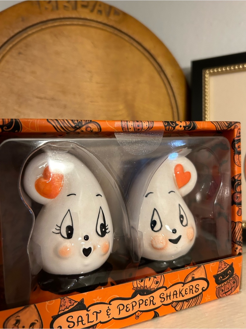 Joanna Parker Cute Ghost Salt & Pepper Shaker Set - White & Orange Heart Accents